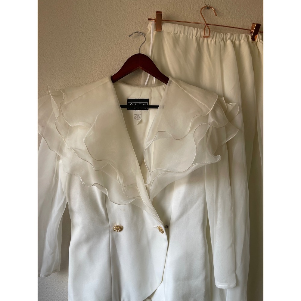 Vintage Alex Evenings White Organza Ruffle Blazer and Pant Set Size 8 - Picture 10 of 10
